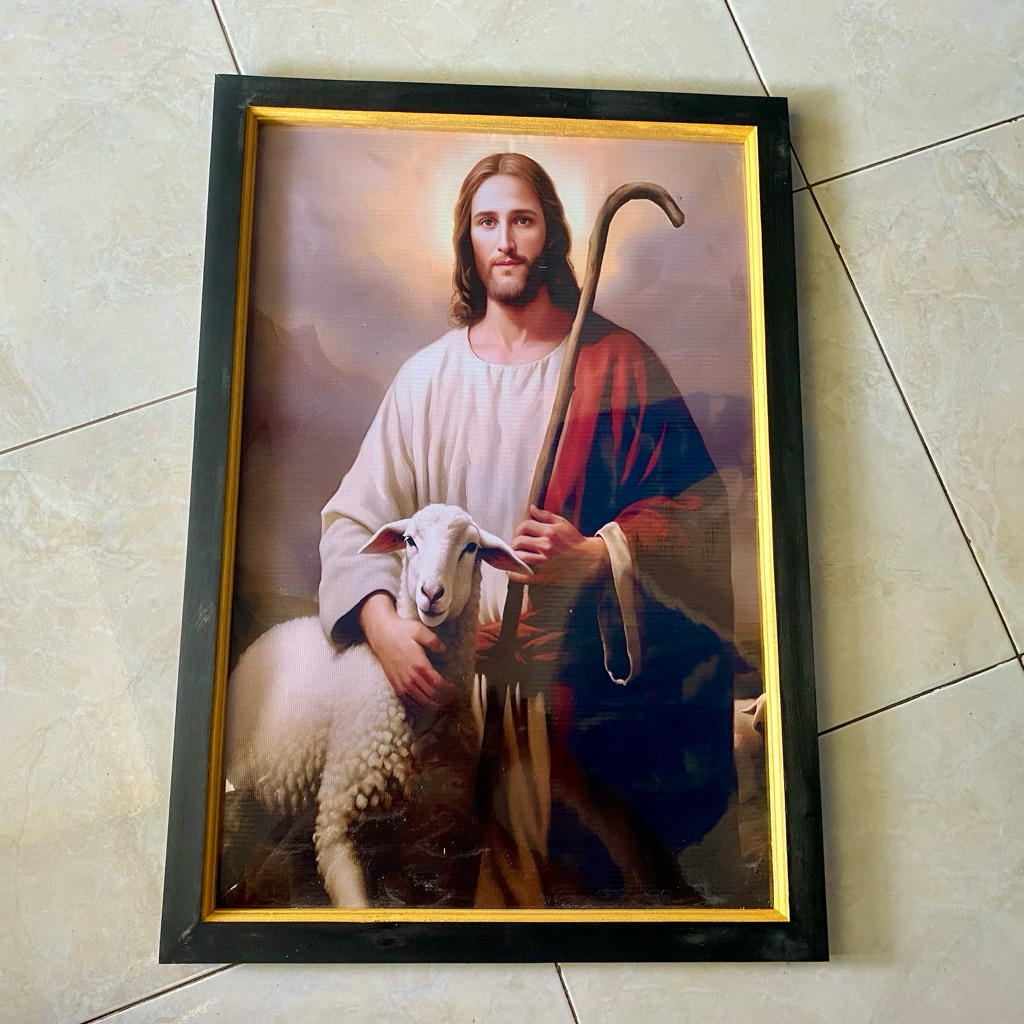 hiasa dinding lukisan cetak gambar tuhan yesus dan domba plus bingkai UK 65 x 45 cm