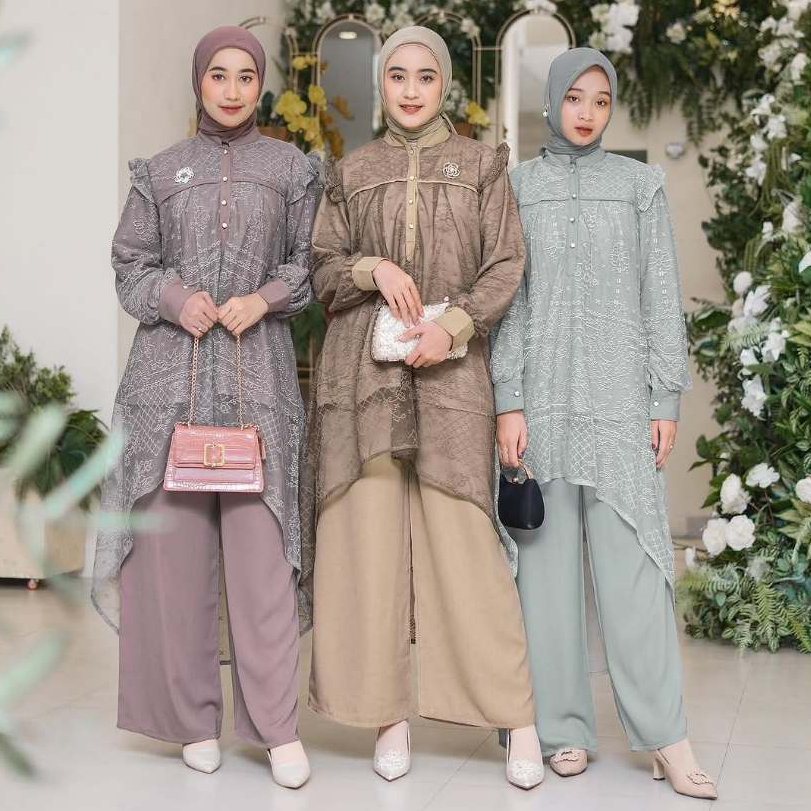Kaia Oneset Setelan Atasan Tunik Brukat & Celana Kondangan Elegan