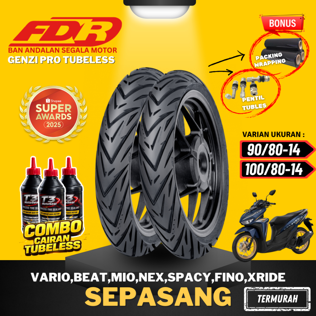 [SEPASANG TERMURAH] BAN FDR TUBLES RING 14 GENZI PRO TUBELESS ( 90/80-14 / 100/80-14 ) / BAN MOTOR M
