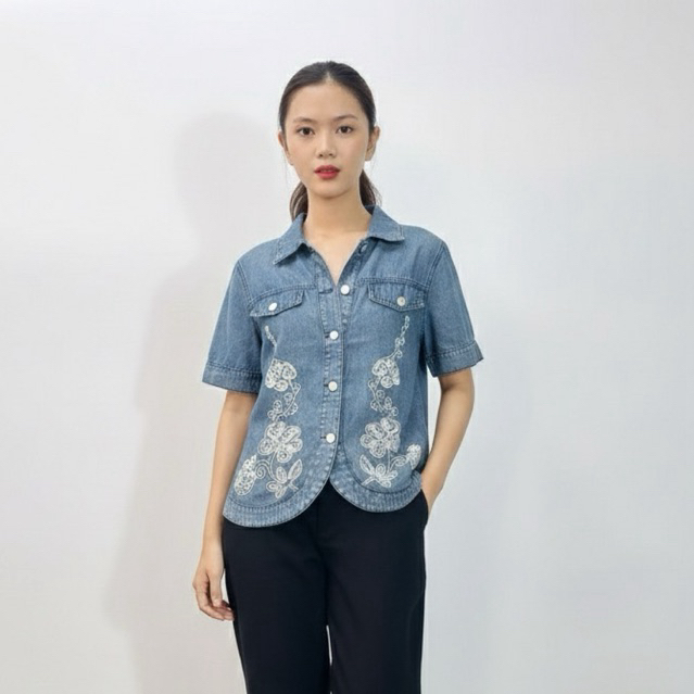 456300 | KEMEJA DENIM BORDIR PREMIUM NO STRETCH LENGAN PENDEK NAVY