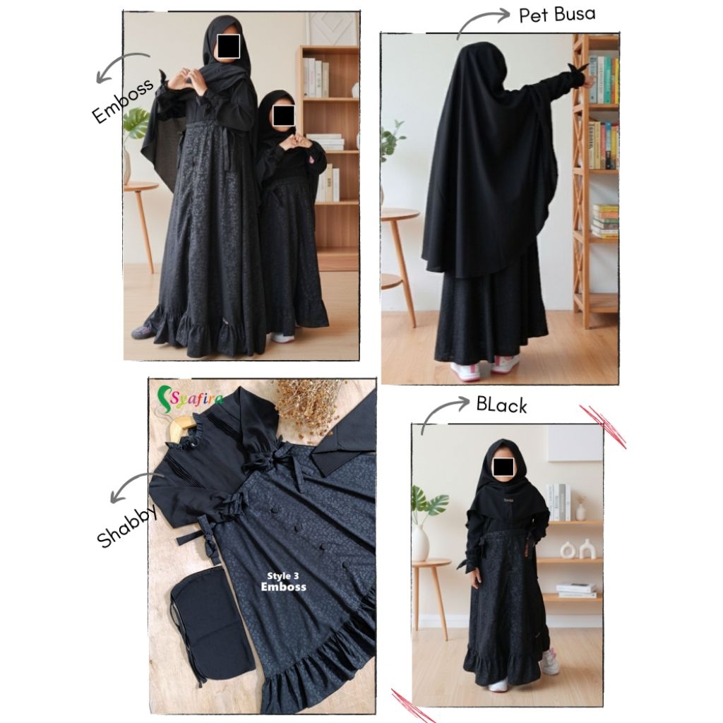 Emboss Black Gamis Anak Set Jilbab Cadar Tali Eid/Lebaran Series
