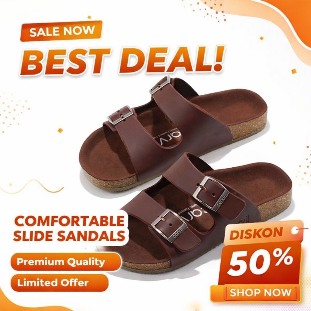 Sandal Carvil Romeo Benzo 02 Sandal Kulit Asli / Sandal Kulit Pria Wanita Carvil Anti Licin Ukuran 3