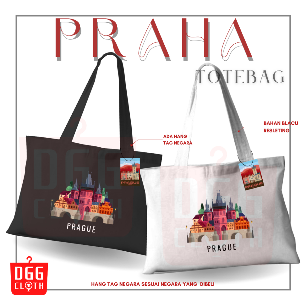 DGGCloth Tote Bag Praha, Totebag Sablon Oleh Oleh Praha Bahan Blacu Dengan Perekat Type 3