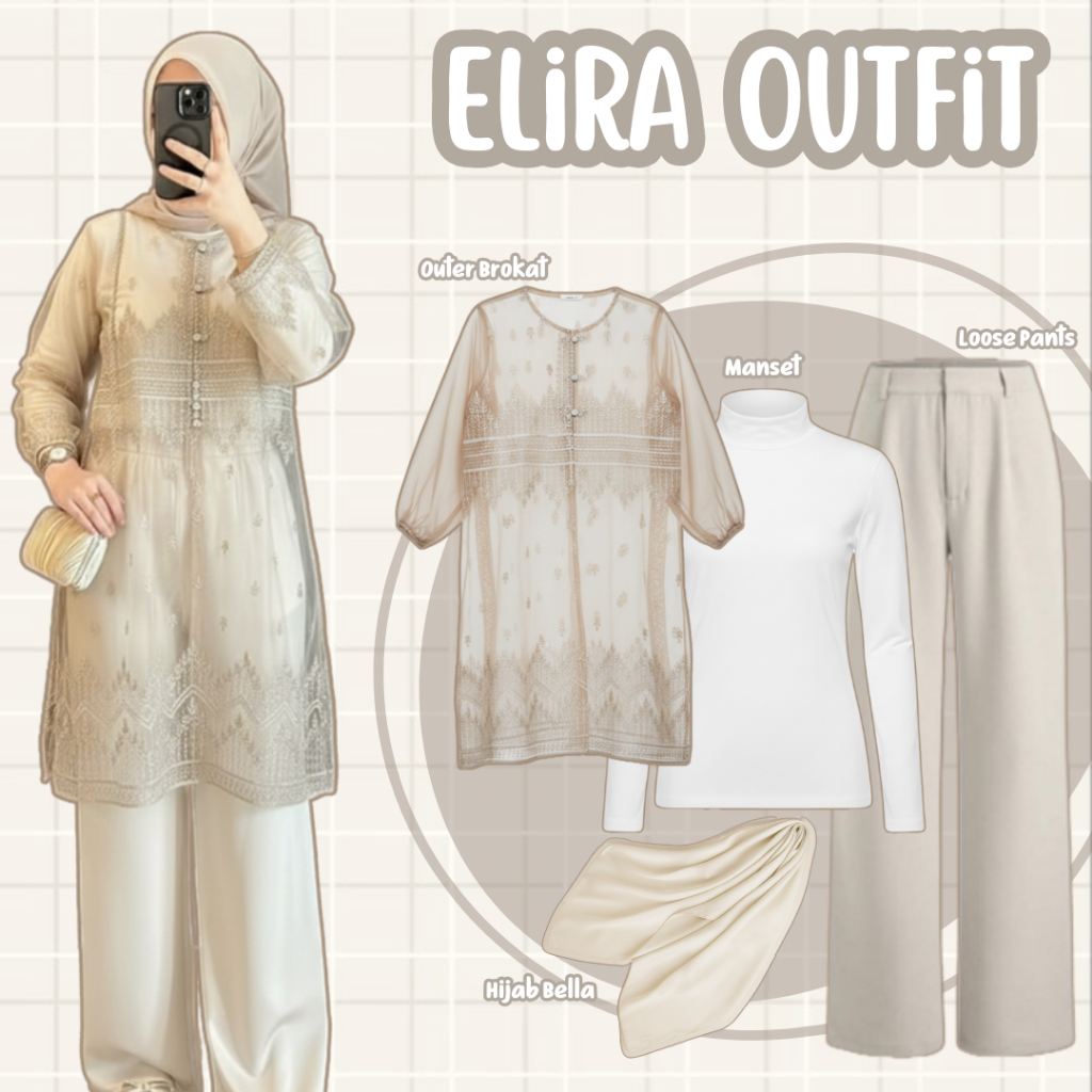 Setelan Wanita Kekinian Tunik Brokat Manset Dan Celana - 4 In 1 Outfit Lebaran Kondangan Terbaru