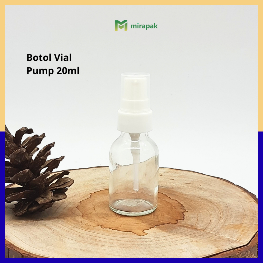 BOTOL VIAL PUMP 20ML KACA BENING TEBAL - TUTUP PUMP PUTIH PRESS - BOTOL PUMP LOTION SERUM TRAVEL SIZ