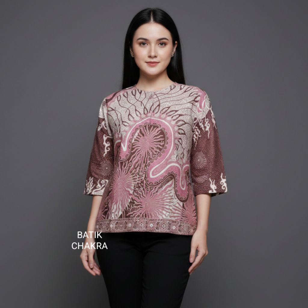 blus batik wanita PINK bahan katun lapis full trikot