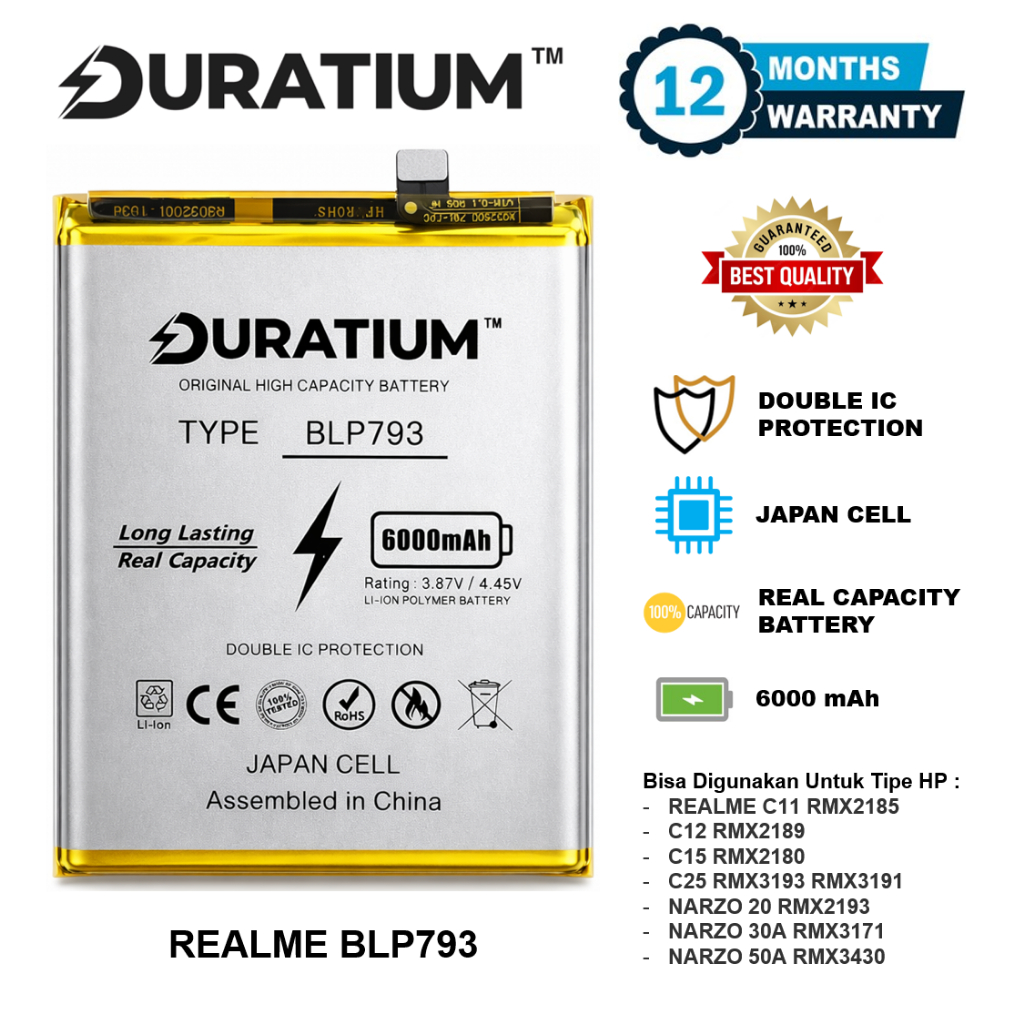 DURATIUM ORIGINAL Baterai REALME C11 / C12 / C15 / C25 / NARZO 20 / 30A / 50A BLP793 RMX2185 RMX2189
