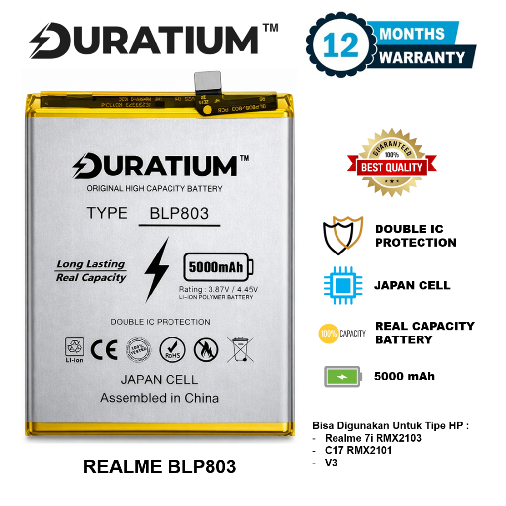 DURATIUM ORIGINAL Baterai Realme 7i RMX2103 / Realme C17 RMX2101 / Realme V3 BLP803 Real Capacity 10