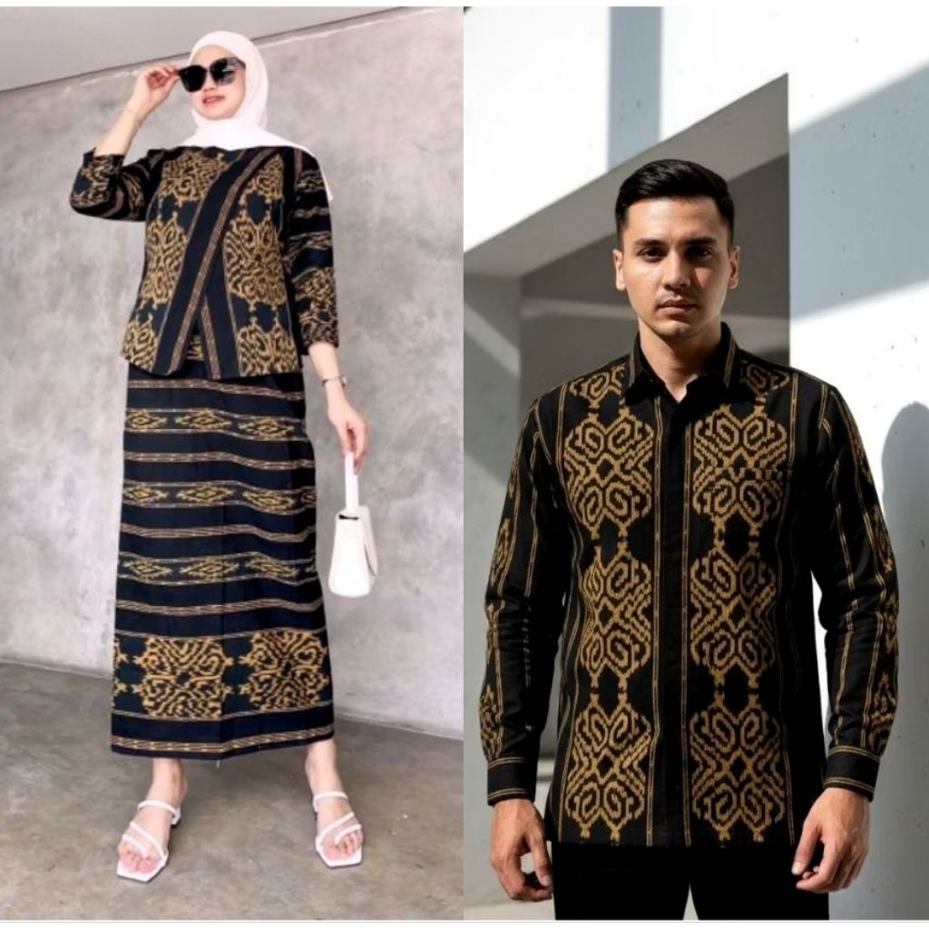 Baju Couple Tenun - One Set Bluse dan Rok Tenun - Kemeja Tenun Lengan Panjang