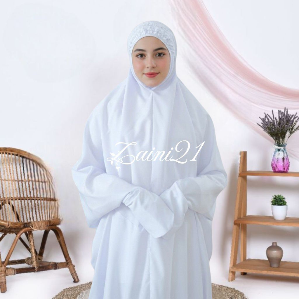 Mukena Terusan Dewasa Putih polos Renda Khadijah Giper  Mukenah Lajuran jumbo