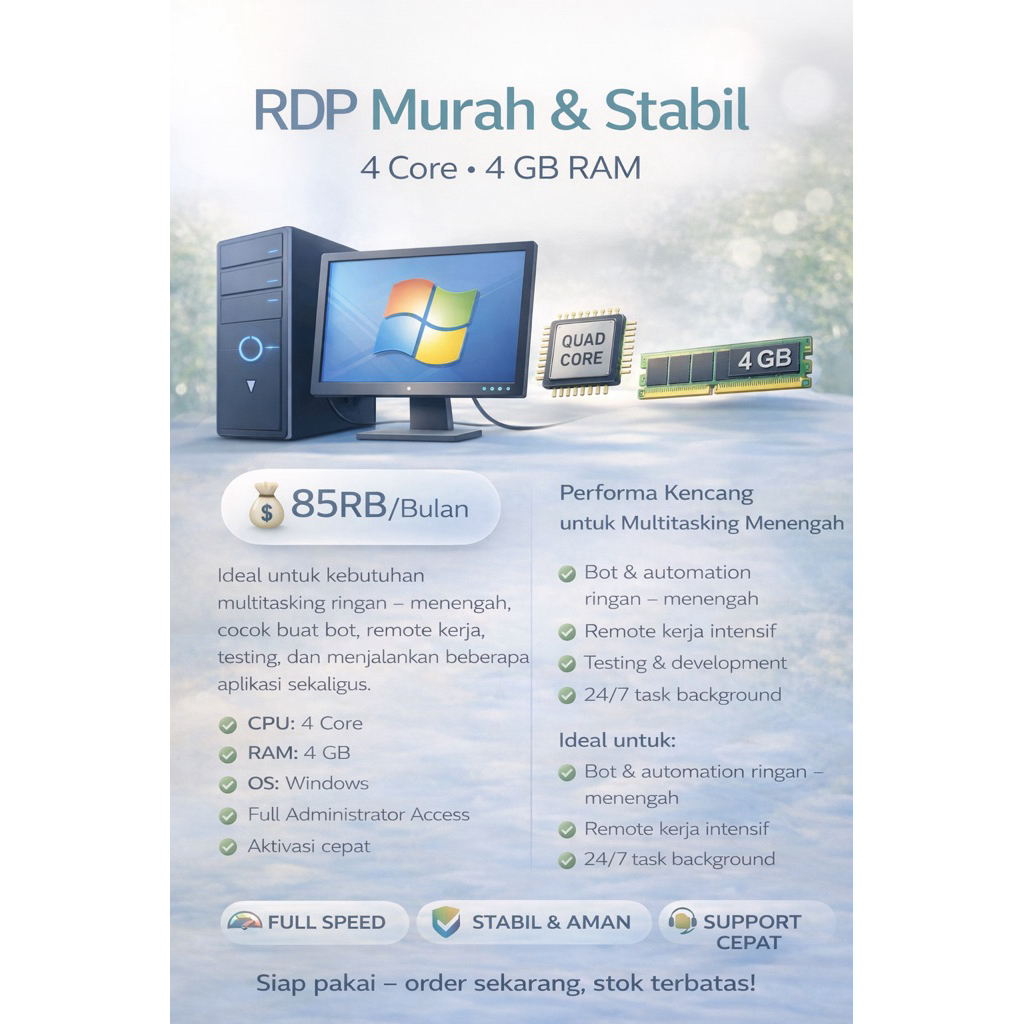 RDP Windows Murah 4 Core 4GB RAM - Mulai 85Rb/bulan