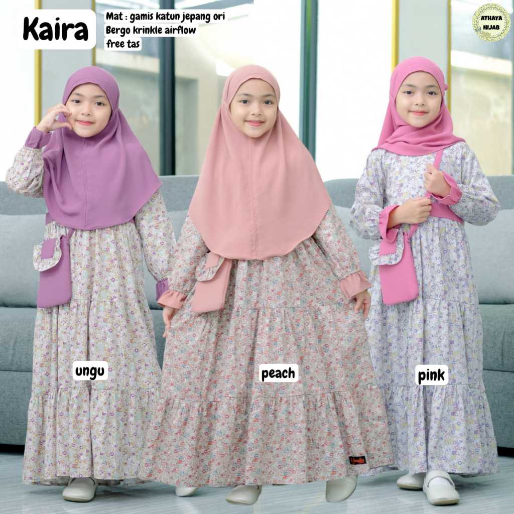 Gamis Anak Kaira Set Jilbab Gratis Tas Original ATHAYA HIJAB Katun Jepang Motif Bunga Premium LD 33-