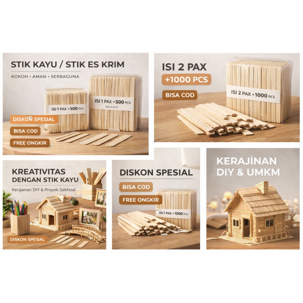 Stik Es Krim Kayu Polos 500 Gram - Bahan Kayu Pinus, Aman untuk Makanan, Cocok untuk Prakarya