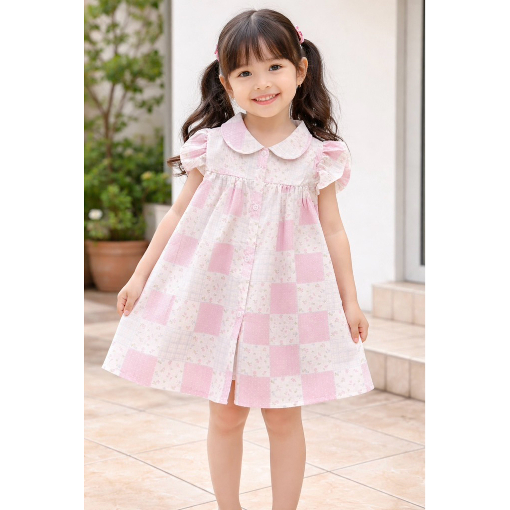 DRESS BAJU ANAK PEREMPUAN KOTAK KOTAK BUNGA USIA 1-2 TAHUN