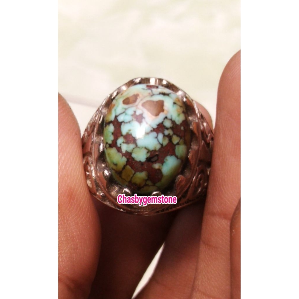 Cincin Pirus Persia Tiga warna-Batu Pirus Persia Tiga warna urat merah