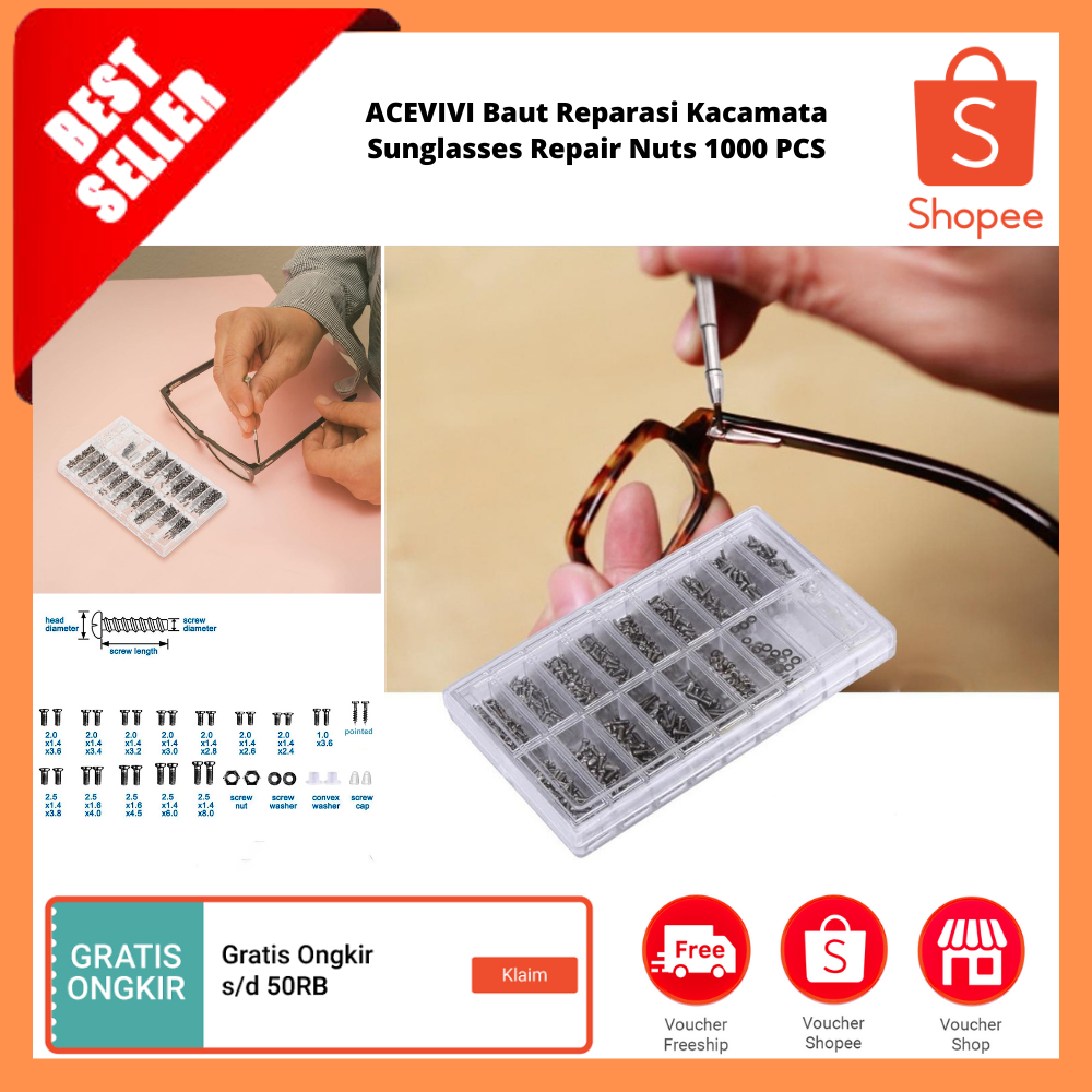 Baut Reparasi Kacamata Sunglasses Repair Nuts 1000 PCS / Kit Obeng dan Mur Sekrup Stainless Kacamata