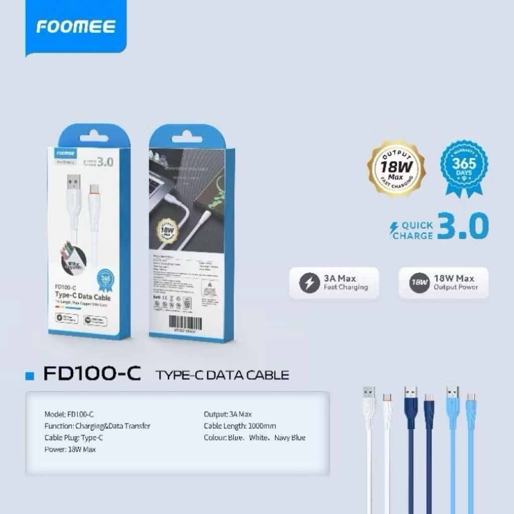 Foomee FD100-C Kabel Data Type-C 3A Fast Charging , Cable Data 3A Fd100c