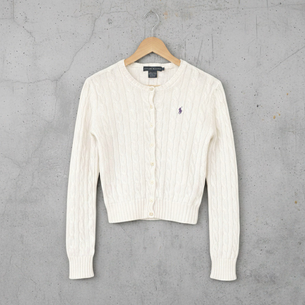 Cardigan Ralph Lauren Cableknit Rajut Wanita Motif Kepang O-Neck Putih