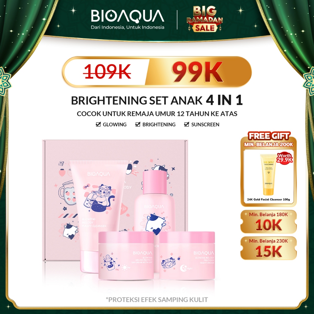 BIOAQUA Skincare Anak Paket 4pcs Niacinamide Glowing & Brightening / Tea Tree Oligopeptide Acne Set 