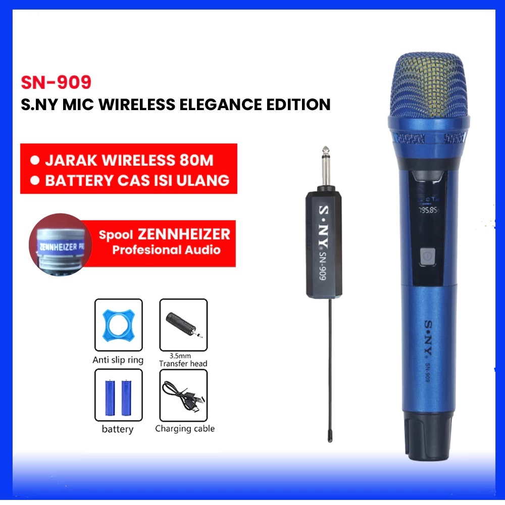 Microphone Sony Wireless ES 902 Warna Merah, Biru, Gold Mikrofon Karaoke Mic SN 909 Nirkabel Suara S