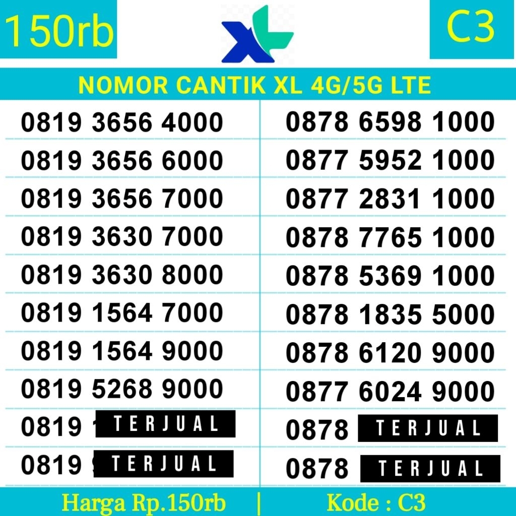 Kartu Perdana Nomor Cantik XL 4G 1000 2000 3000 4000 5000 6000 7000 8000 9000