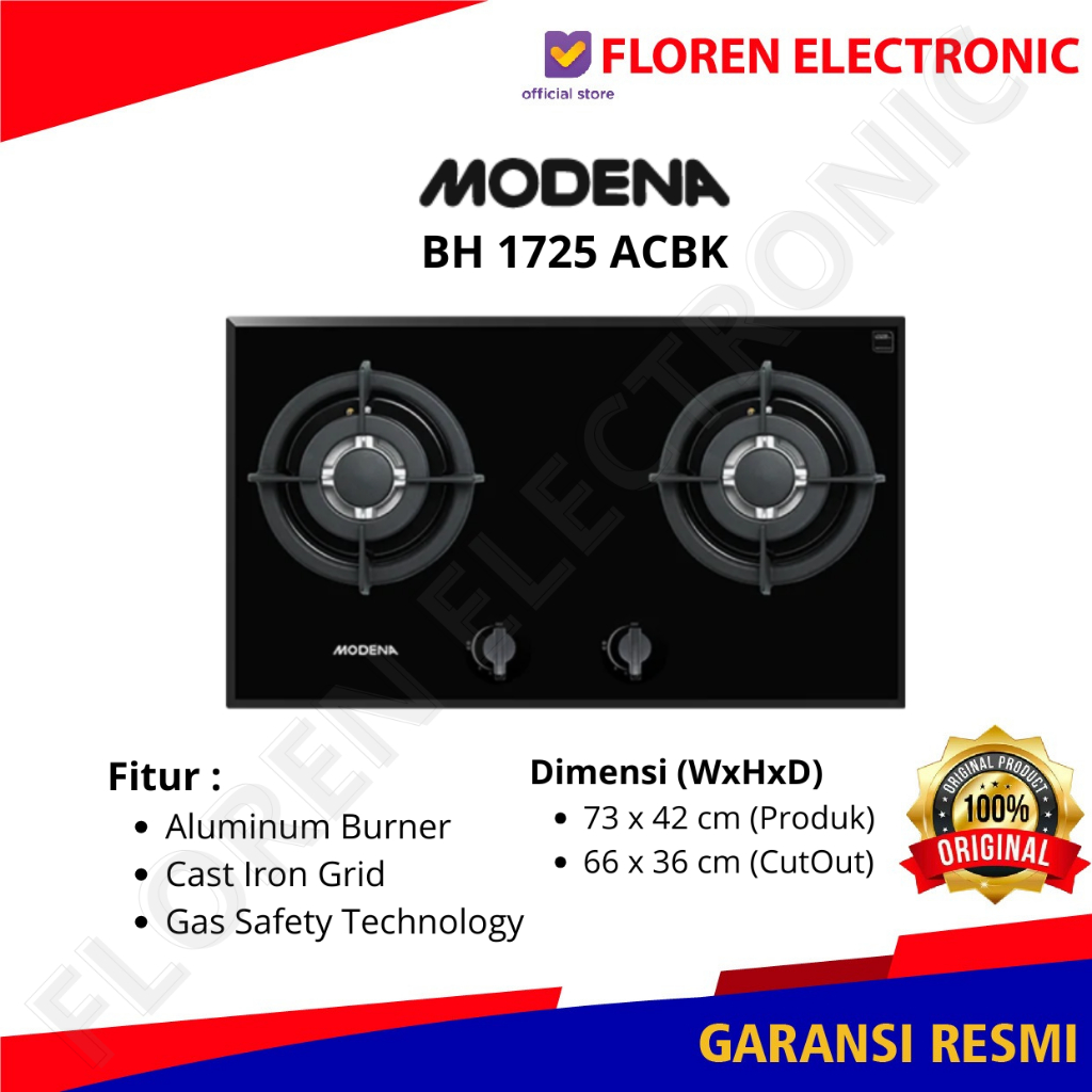 Modena Kompor Tanam BH 1725 ACBK 1725ACBK BH1725ACBK 70cm 2 tungku