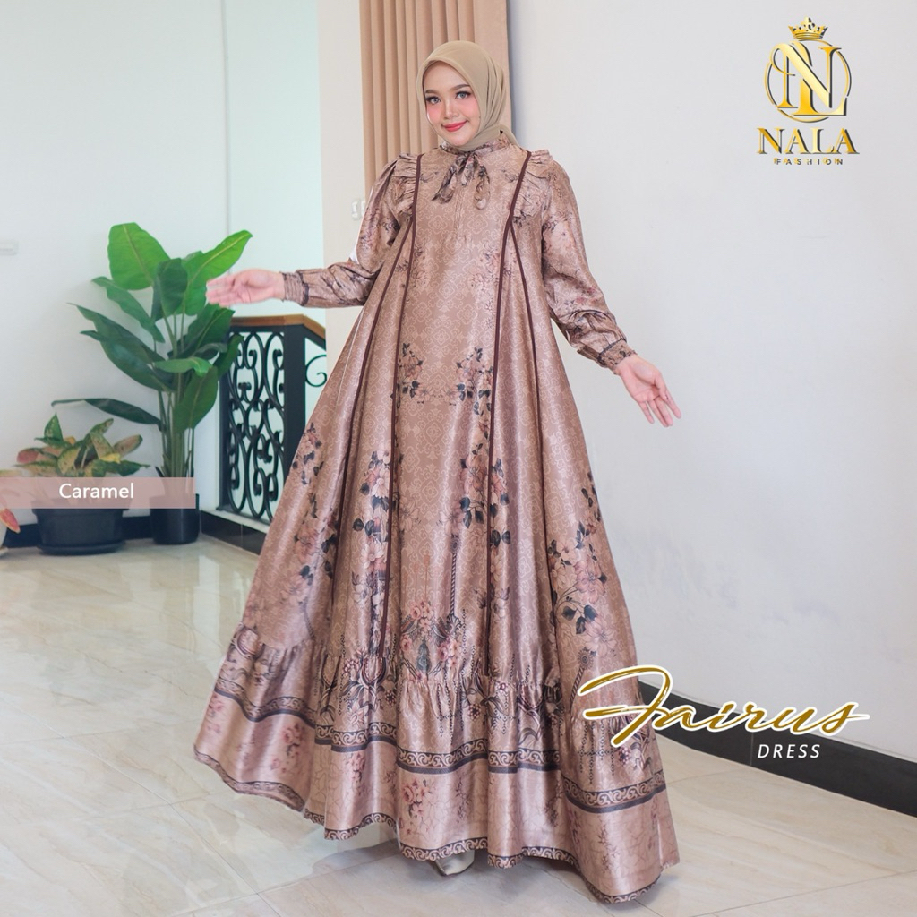 Fairus Dress Silk Sutra Premiumm Ziper Depan Aksen Rempel Pundak Tali leher pergelangan tangan smoke