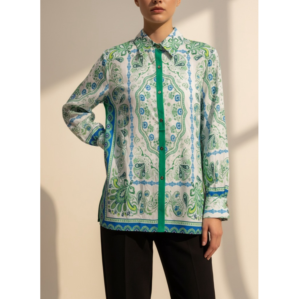 f Kemeja Wanita Motif Paisley Premium Lengan Panjang