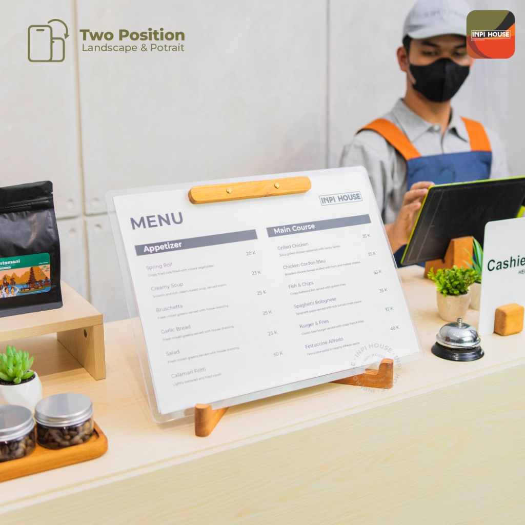 INPI HOUSE Menu Board, Stand - Tempat Papan Menu - A3 Landscape & Portrait - Kayu + Akrilik