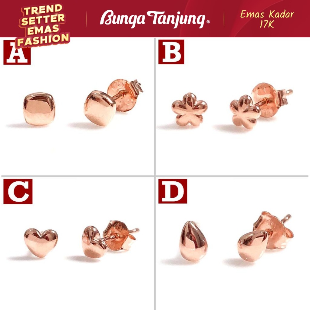 ANTING TINDIK ATOM SUPER RINGAN ROSE - EMAS 17K - BUNGA TANJUNG GOLD