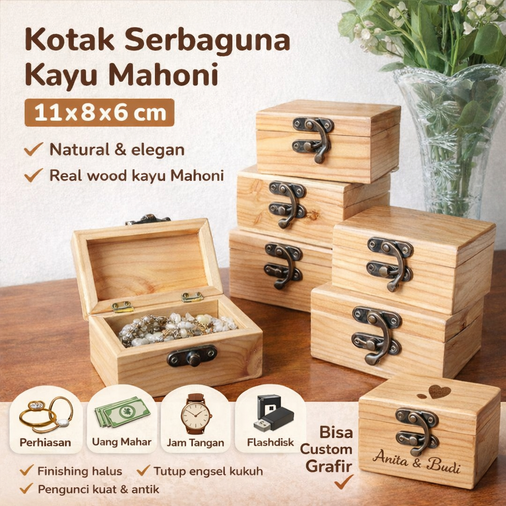 Kotak Kayu Mahoni 11x8x6 cm Box Serbaguna Custom Grafir untuk Logam Mulia Antam Mahar Perhiasan