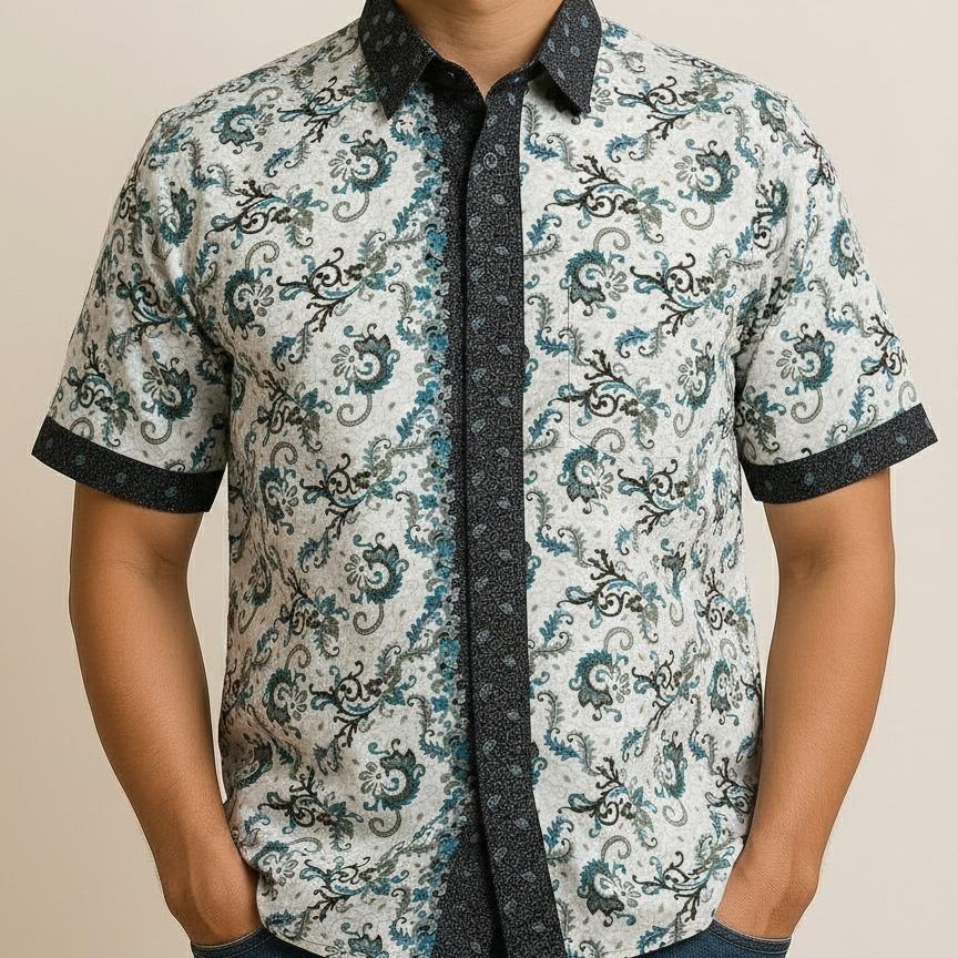Kemeja Batik Modern Premium - Motif Daun & Bunga Kombinasi Parang - Pilihan Warna Biru dan Coklat Pr
