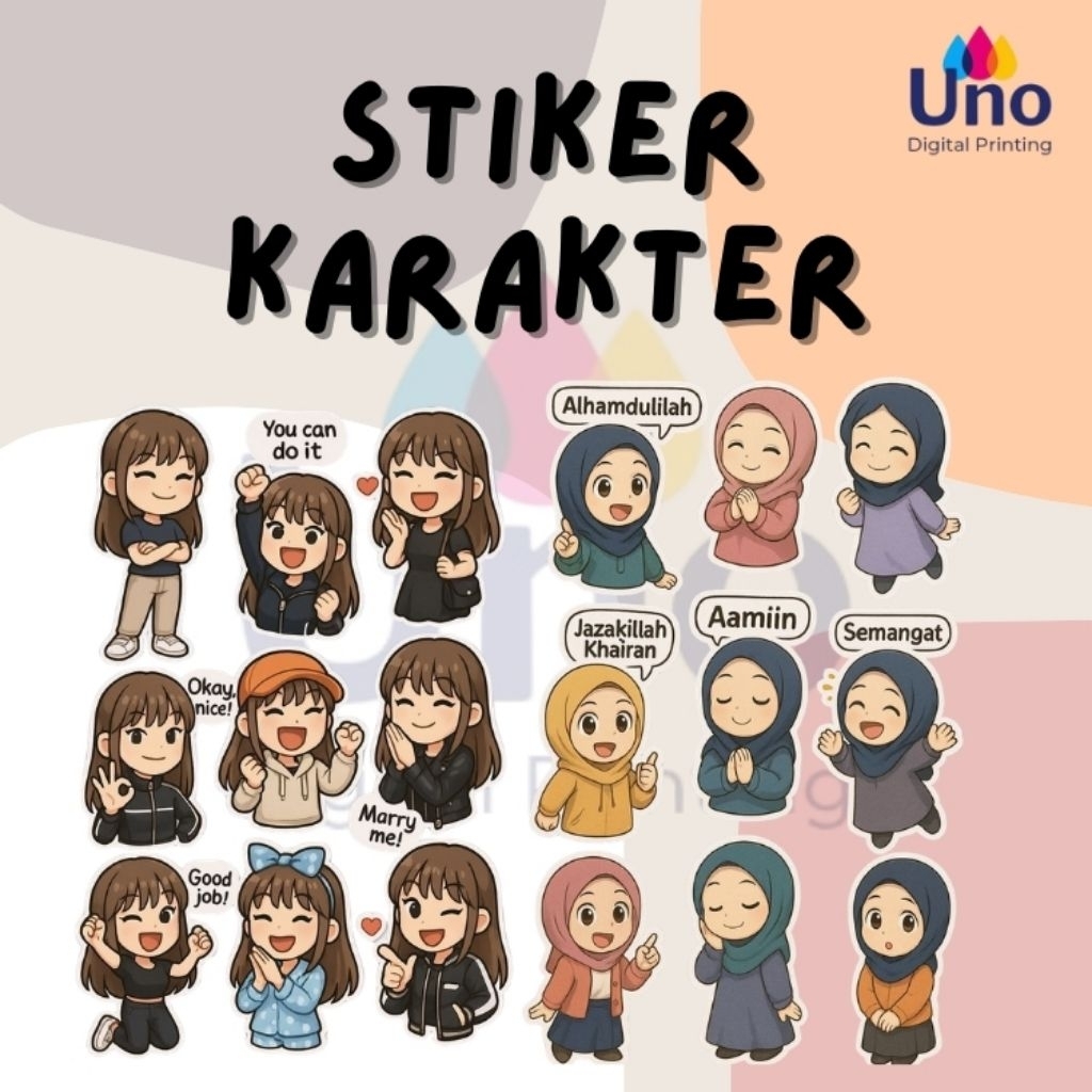 Stiker Karakter Orang Lucu/ Stiker Wanita Muslimah/Stiker Cewek/Cowok
