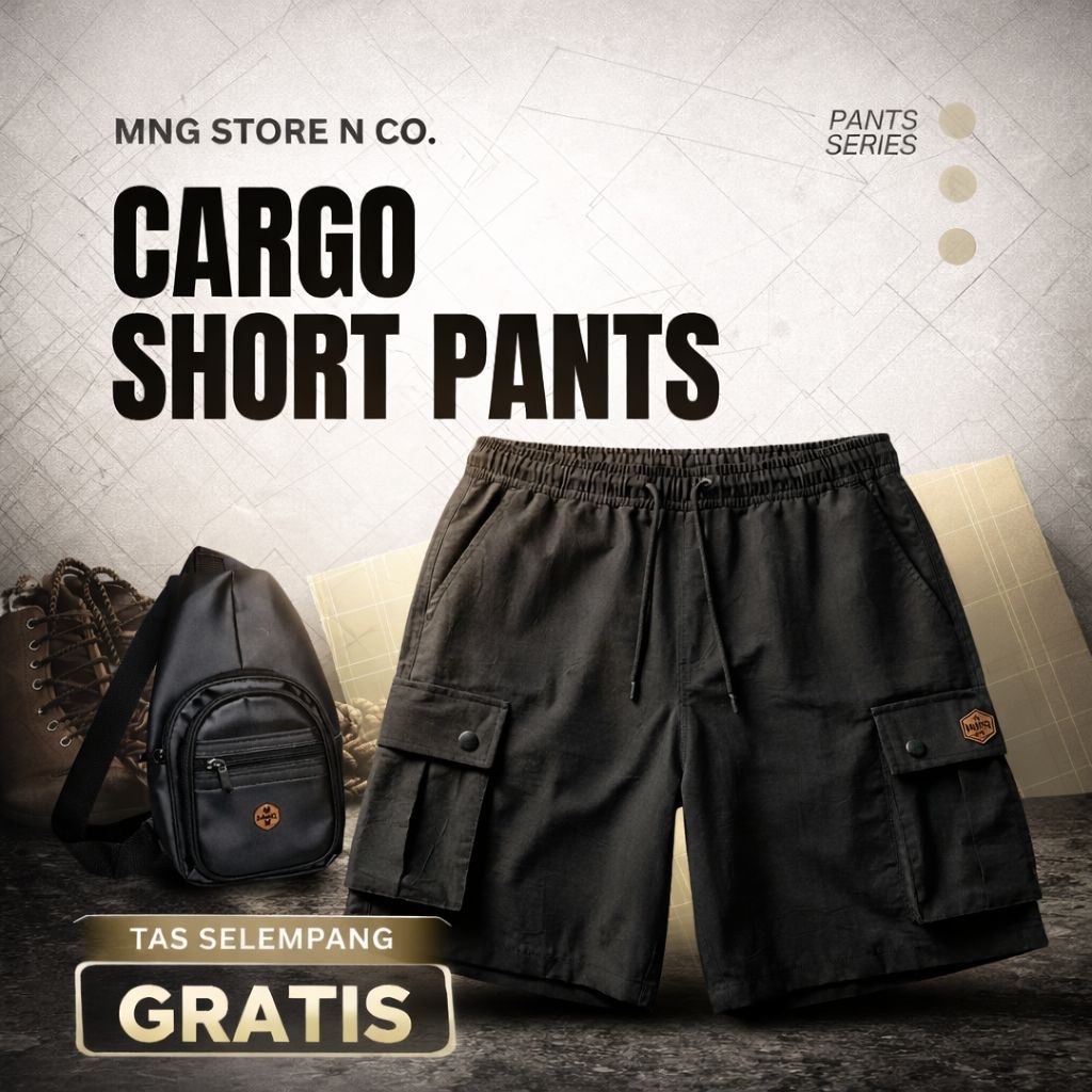 MnG Celana Cargo Pendek Hitam Pria Wanita Streetwear Sporty Style