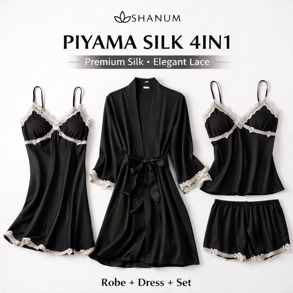 Piyama Wanita 4in1 Set Kimono Sutra – Baju Tidur Silk Sutra List Premium Import | SHANUM
