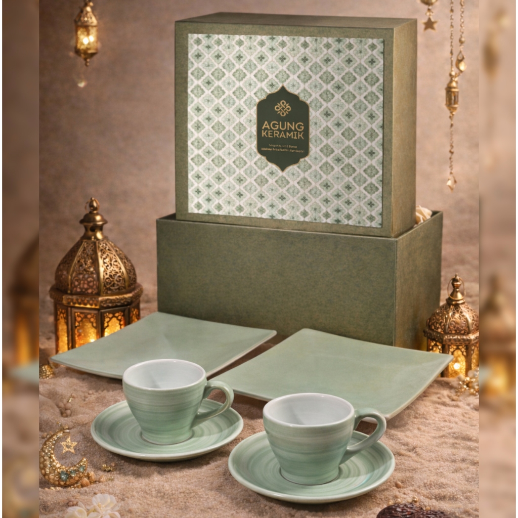 Hampers Lebaran Premium Agung Keramik Piring Saji Kotak + Cangkir Hijau – Parcel Cantik Siap Kirim