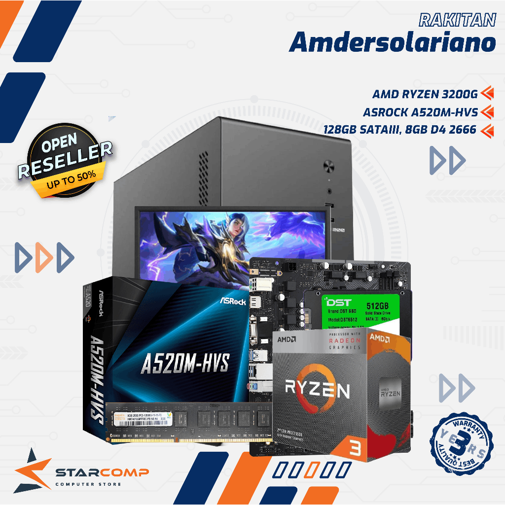PC RAKITAN RYZEN 3 3200G A520M RAM 8GB SSD 128GB