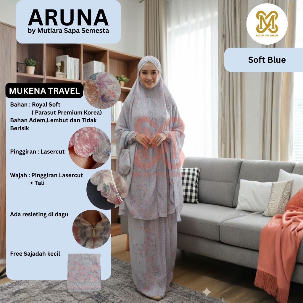 Mukena Travel Aruna Soft Blue Premium Royal Soft dengan Free Gift Box