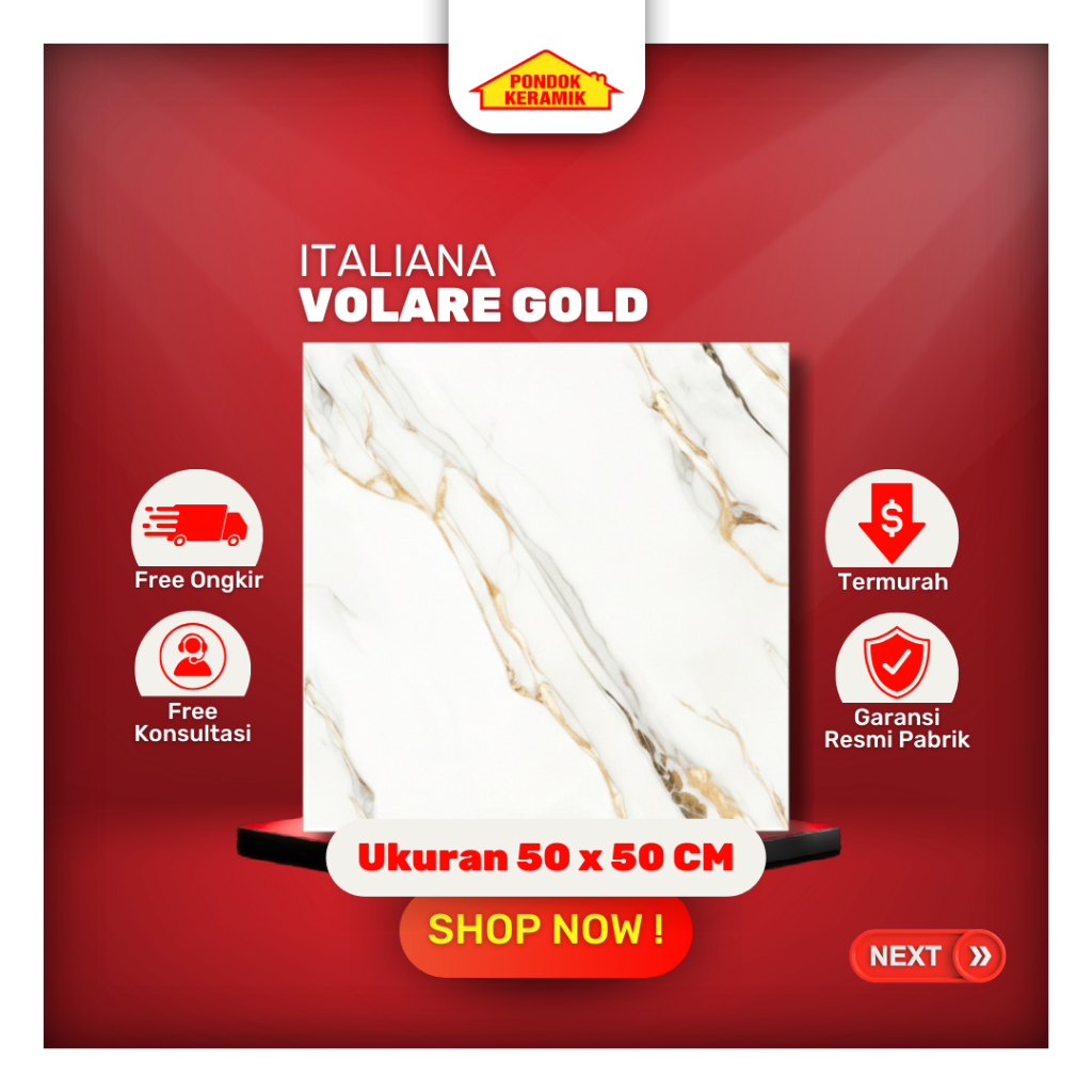 Keramik Lantai 50x50 Volare Gold Glossy Warna Putih Motif Marble Emas Gold Marble Carara