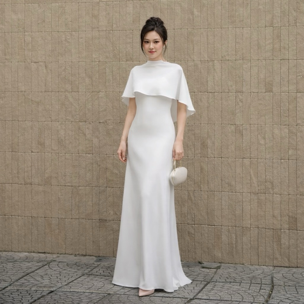 -NEYA GOWN - Dress Pesta Satin Bodycon Gaun Maxi Bolero Cape Long Dress Big Size Jumbo Ukuran Besar 