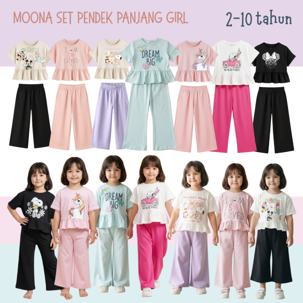 MOONA SETELAN PREMIUM ANAK REMAJA BALITA PEREMPUAN CEWEK GIRL KAOS PENDEK CELANA PANJANG KULOT WARNA