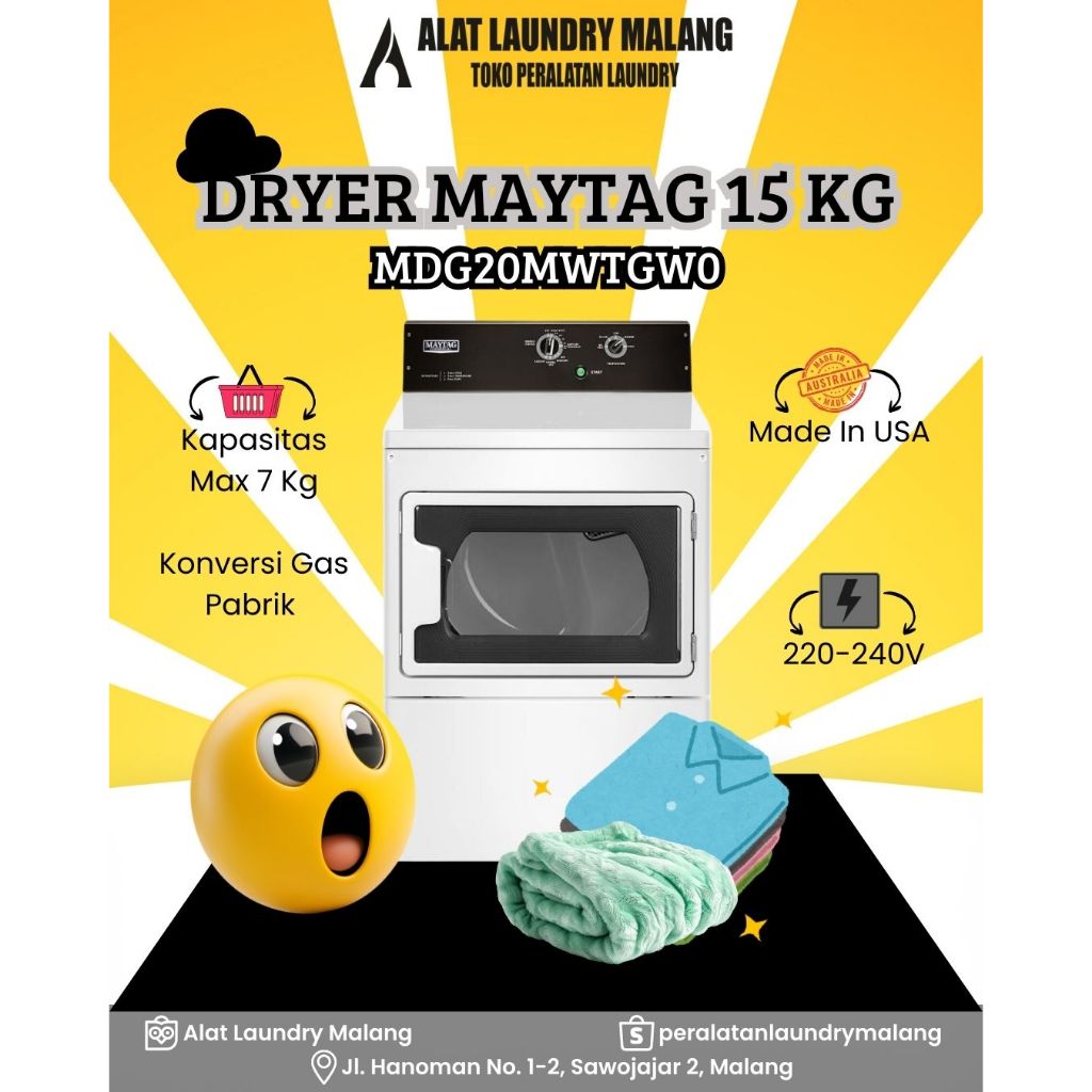 DRYER MAYTAG 15 KG PUTIH PANEL ATAS/ MESIN PENGGERING LAUNDRY/ KONVERSI GAS PABRIK/ PINTU KACA