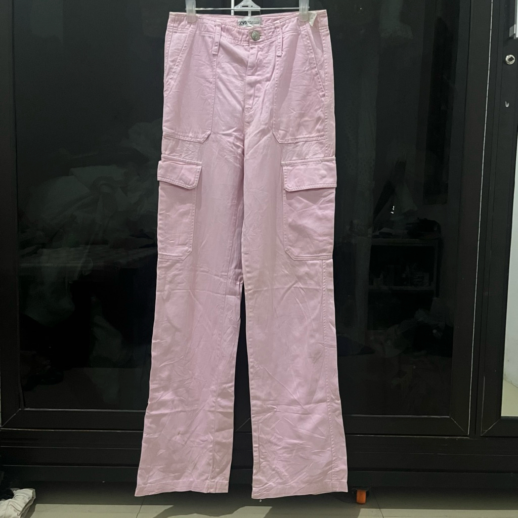 Zara Kulot Cargo Katun Jeans Pink