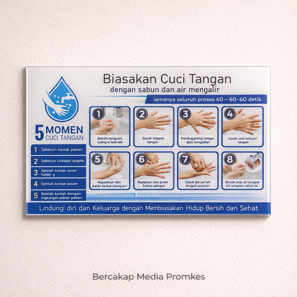 Papan Akrilik 5 Momen Cuci Tangan | Acrylic Langkah Mencuci Tangan dengan Sabun dan Air Mengalir