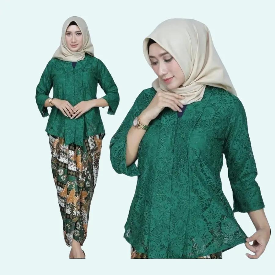 Setelan Kebaya Modern Model Floy Bahan Brukat Full Puring Lengan 7/8 Warna Hijau Botol