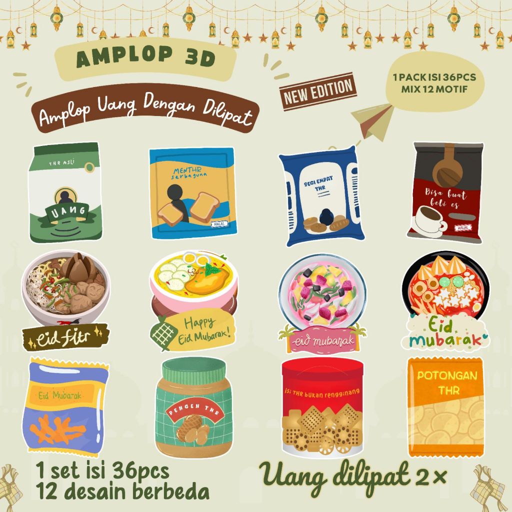 AMPLOP 3D AMPLOP UANG DENGAN LIPAT - AMPLOP THR 1set isi 36 Dengan Desain Berbeda
