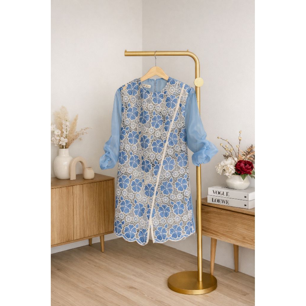 Tunik Lebaran Organza Bordir Bunga Premium Baby Blue
