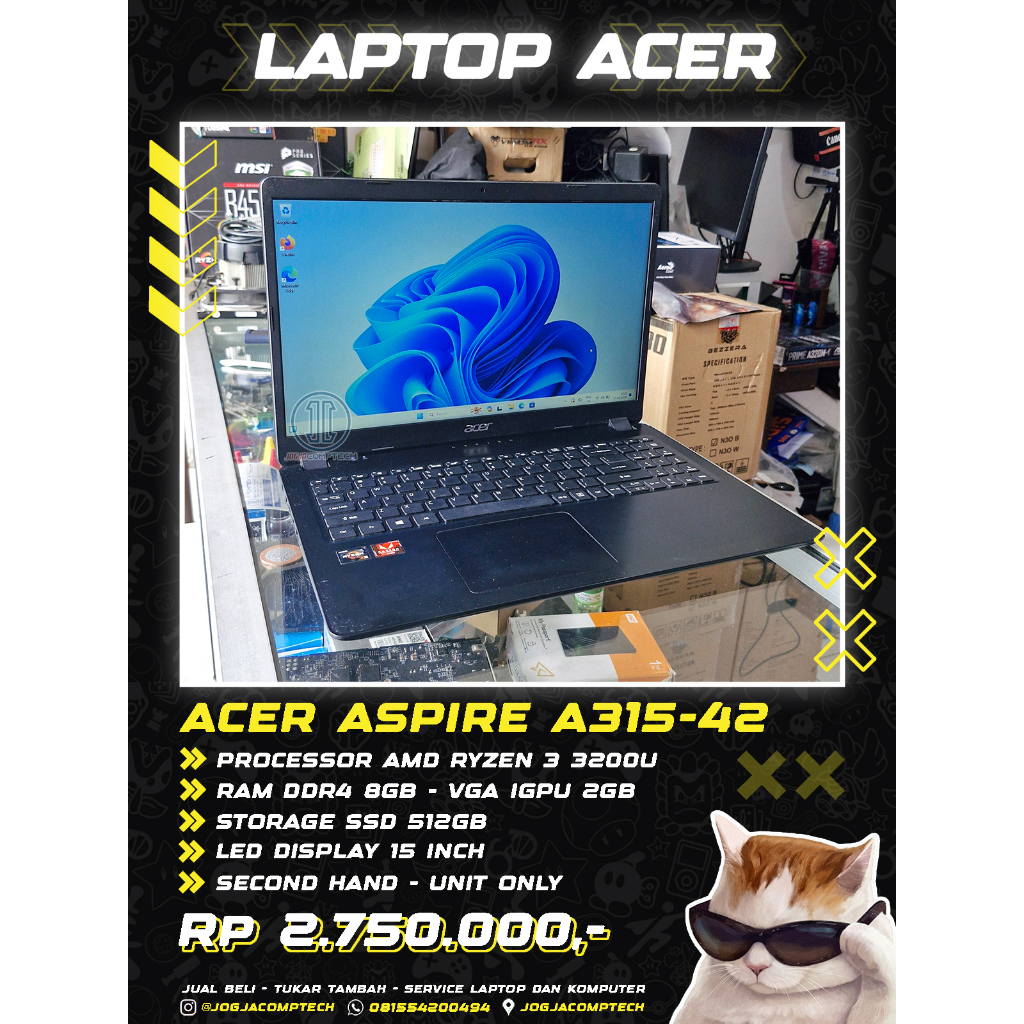 Laptop ACER Aspire A315 AMD Ryzen 3 3200u ram ddr4 8gb SSD 512gb VGA IGPU 2gb Layar 15 inch