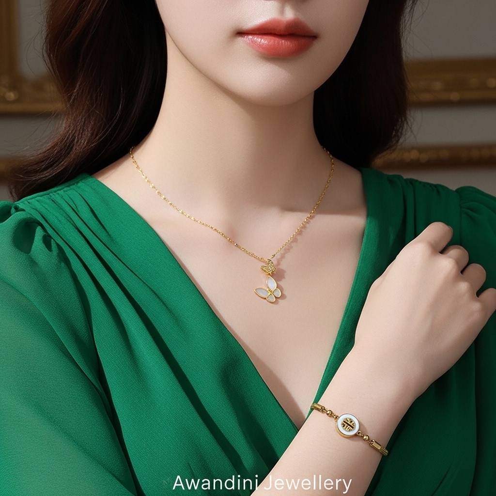 Kalung Kupu Permata Putih Delila dengan Gelang Sisik Ular Hoki Mewah dan Kekinian Bahan Titanium Awa
