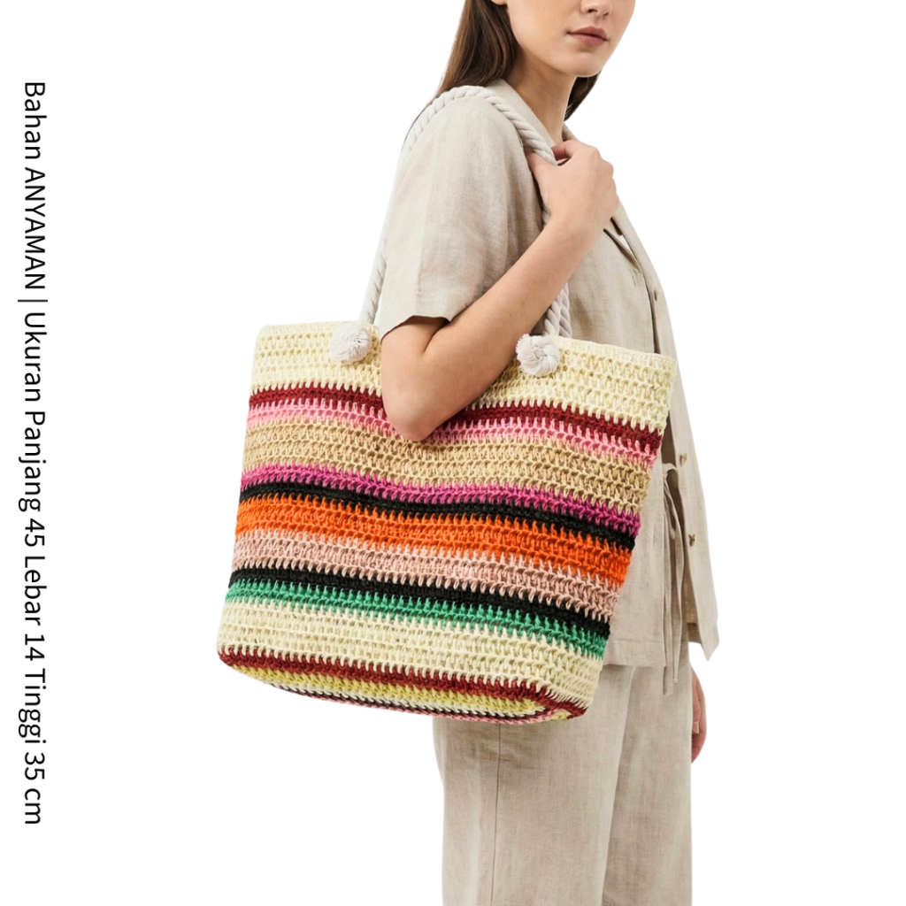 TAS RAJUT PELANGI WATERPROOF PREMIUM | TAS ANYAMAN TALI KATUN TEBAL TAS PANTAI WANITA | TOTE RAINBOW